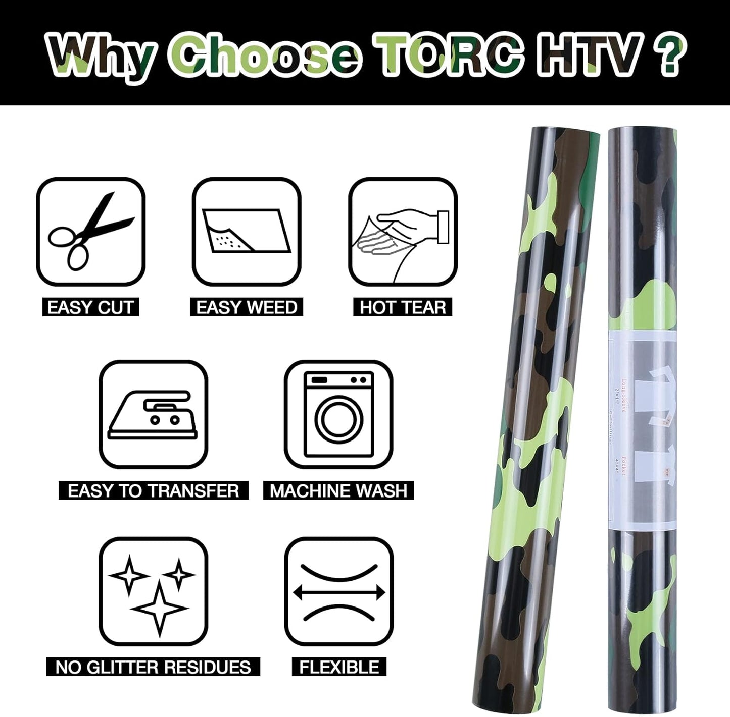 TORC Army Green Camouflage Heat Transfer Vinyl 12 inch x 10 ft, Camo HTV Vinyl Iron on Transfer for T-Shirts