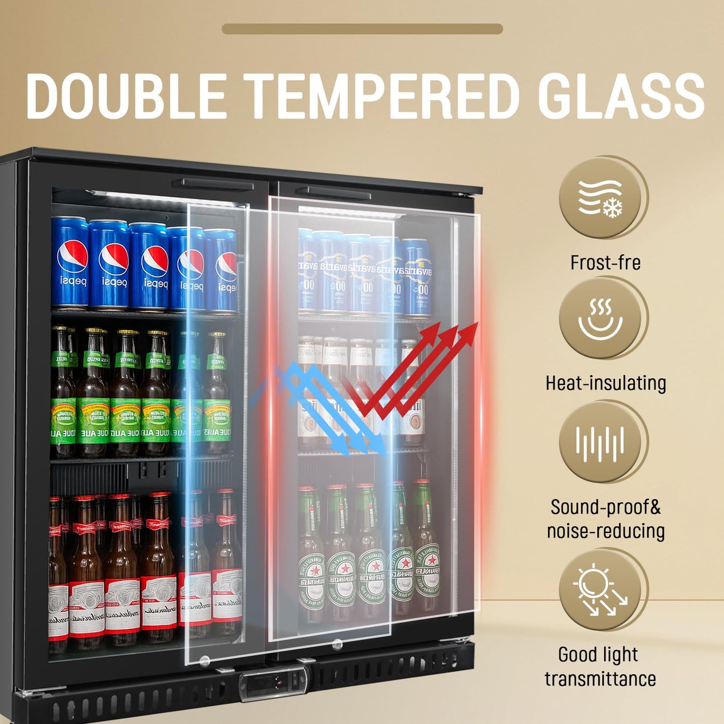 Bluelinecool Commercial Back Bar Cooler with 2 Glass Doors, 7.4 cu.ft Under Counter Beverage Refrigerator, LED Lighting - ETL Certified Beer and Wine Cooler for Bar, Restaurant, Garage, Office, Home