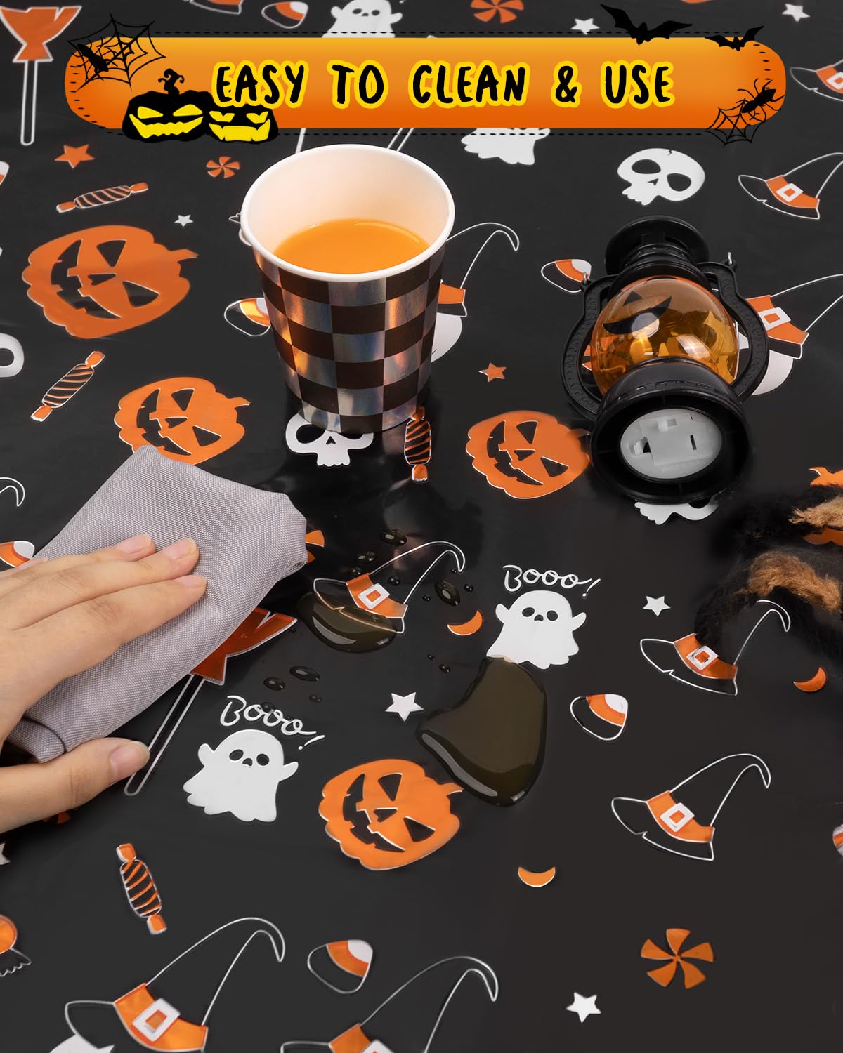 Colemoly Halloween Table Cloth 5 Pack 54in x108in Plastic Table Cover, Bat & Pumpkin Rectangle Disposable Tablecloth, Black Table Cloths for Parties Decoration
