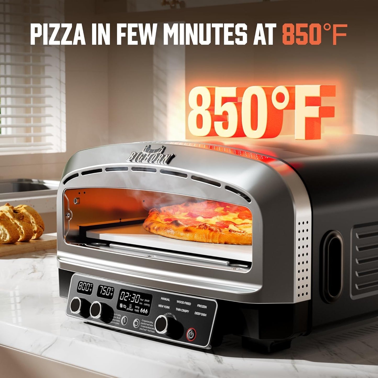 BIG HORN 14-Inch Indoor Pizza Oven, 850°F High-Heat Electric Countertop Pizza Oven for Restaurant-Style Artisan Pizza with Pizza Stone and Pizza Peel, PID Precision Temperature Control