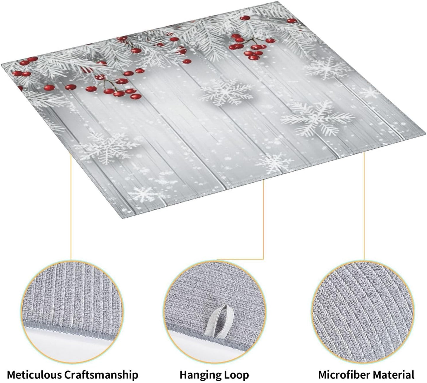 Dish Drying Mat Snowflake Winter White Berry Absorbent Microfiber Non Slip Quick Dry Heat Resistant Holiday Decorative Kitchen Counter Mat for Plates Cups Glasses 16x18 Inch