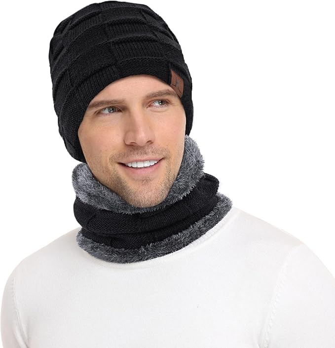 Mens Winter Beanie Hats Scarf Set Warm Knit Skull Cap Neck Warmer with Fleece Lined Winter Hat for Women