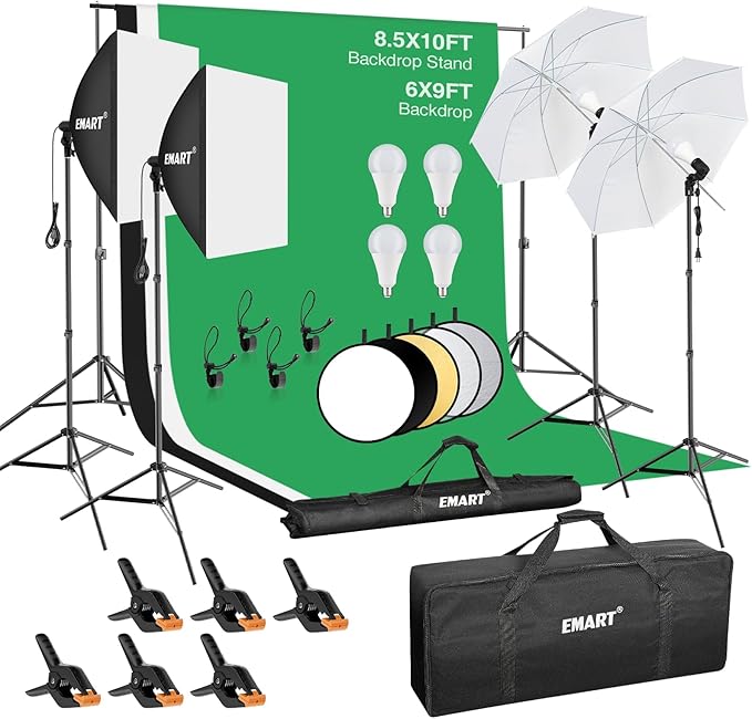 EMART 8.5 x 10 ft Backdrop Support System, Professional Photography Lighting Kit with 50W LED Blub, 6 * 9ft Backdrop *3, R...