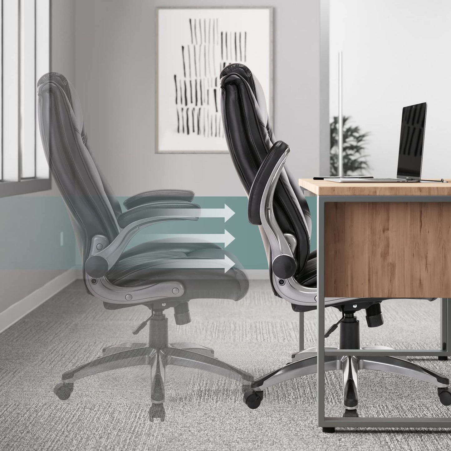 COLAMY Leather Executive Office Chair - High Back Ergonomic Home Computer Desk Chair with Padded Flip-up Arms, Adjustable Tilt Lock, Swivel Rolling Chair for Adult Working Study, Black