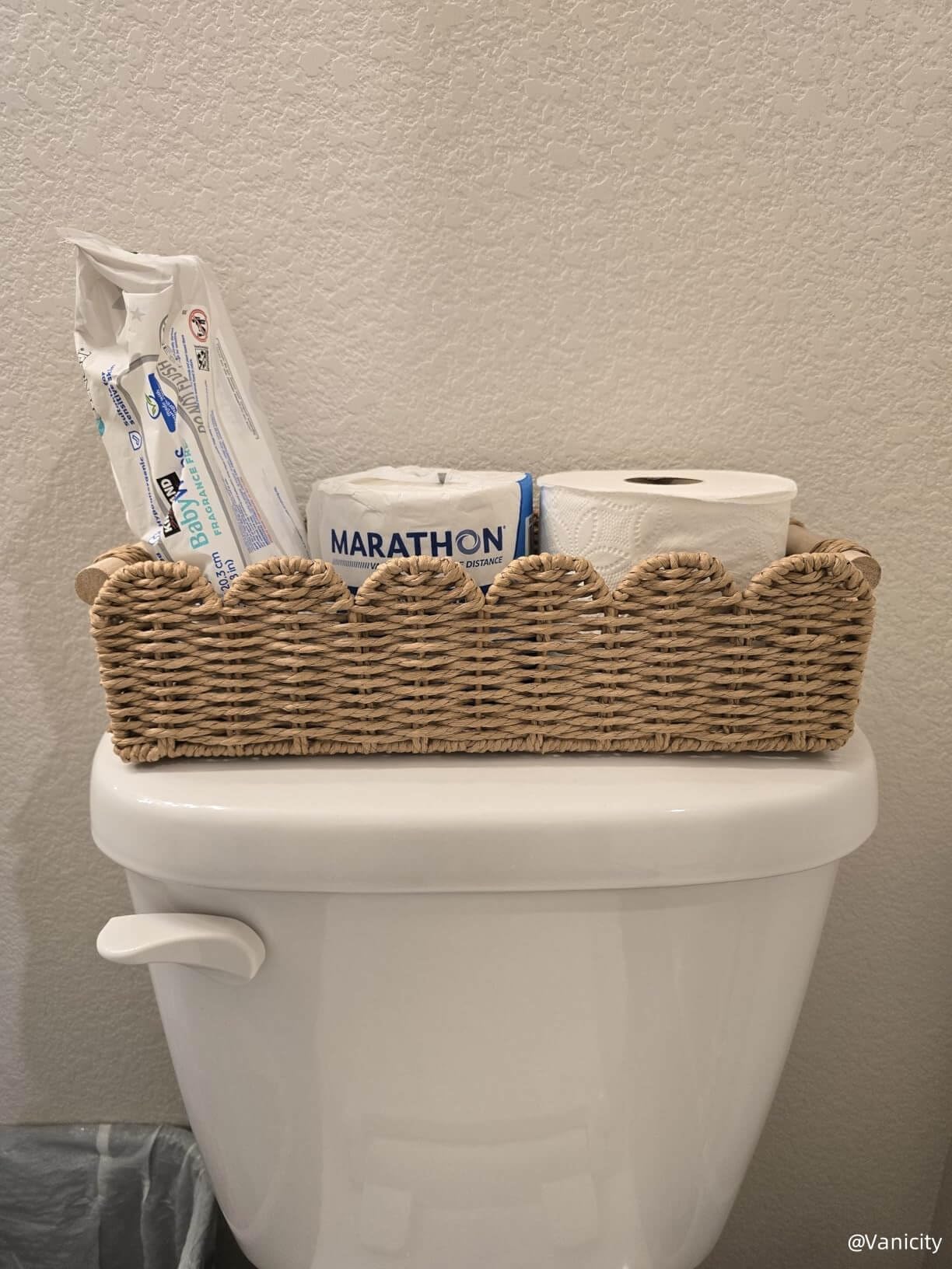CubesLand Paper Rope Scalloped Edge Toilet Paper Storage Basket, Small Living Room, Bedroom Decor Baskets for Over Toilet Storage Shelf, End Table, Shelves and More, with 2 Wooden Handle, Neutral
