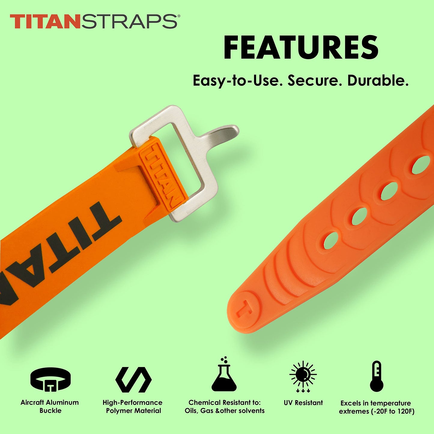 Titan Utility Straps – Easy-To-Use, Reliable Tension Straps for Securing Bike & Moto Gear, Skis, Garden Hoses, Field Repair – Use in Frigid Temp – 60 lb.Working Load, 25" Length, Safety Orange, 4-Pack