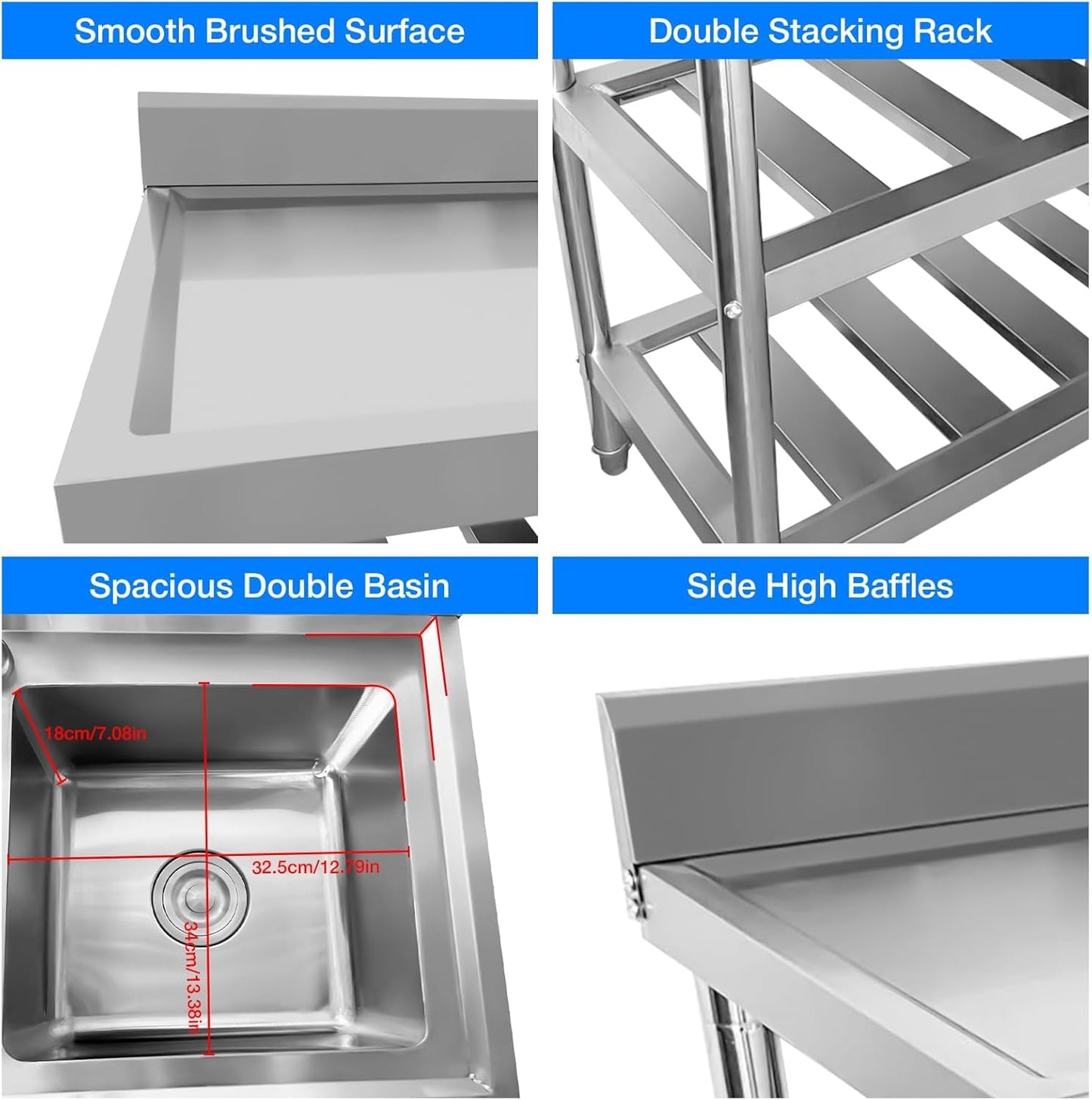 Vivrhintty Free Standing Kitchen Sink with Workbench, Stainless Steel Utility Sink with Set for Commerical, Outdoor, Garage, Laundry Room Use (47.24"D x 17.72"W x 31.89"H)