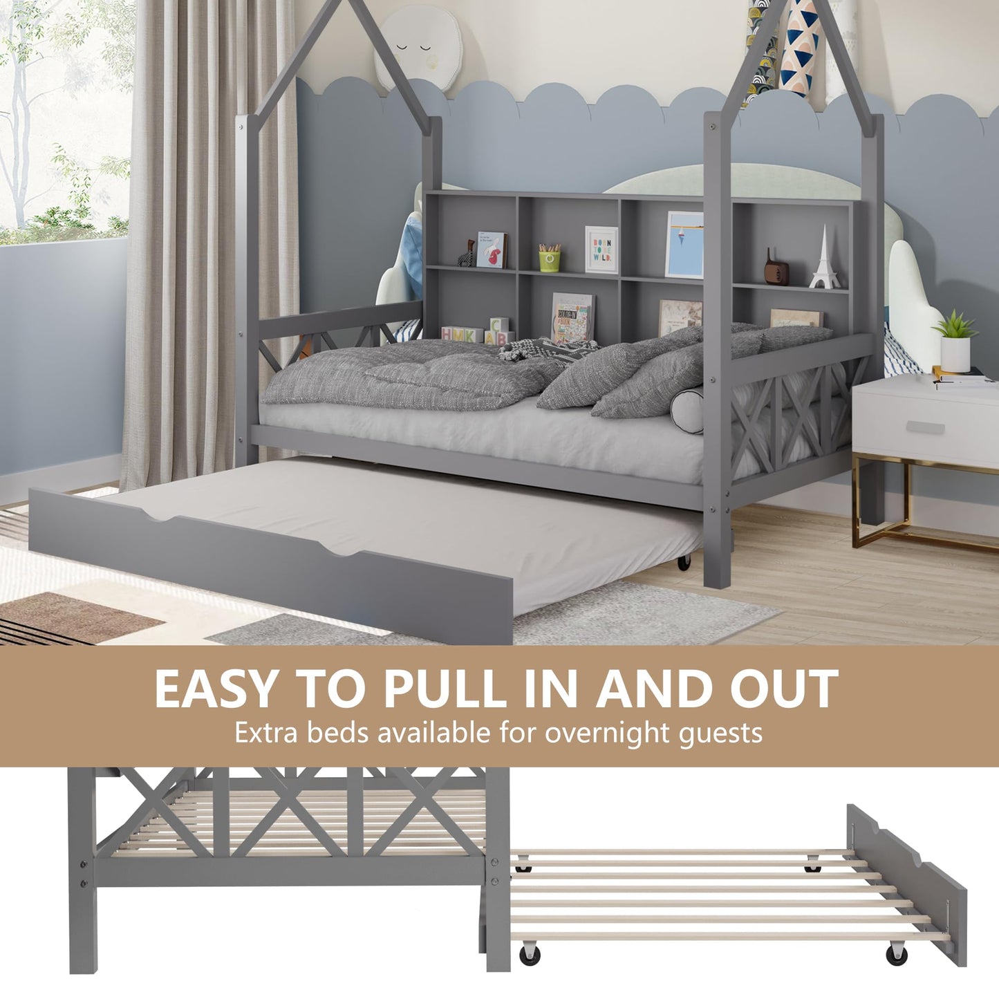 HUMEHA Full House Bed with Trundle and Storage Shelf for Kids, Wooden Full Size Bed Frame with Roof Guardrails Wood Slats Headboard for Boys Girls,No Box Spring Required, Gray
