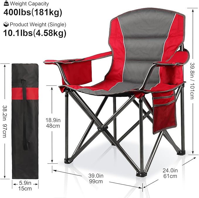 LANMOUNTAIN Oversized Padded Camping Chairs for Adults,Heavy Duty Support 400 Lbs,Folding Portable Lawn Chair w/Cup Holder,Cooler Bag,Side Pocket,Perfect for Outdoor Picnic,Hiking(Red)