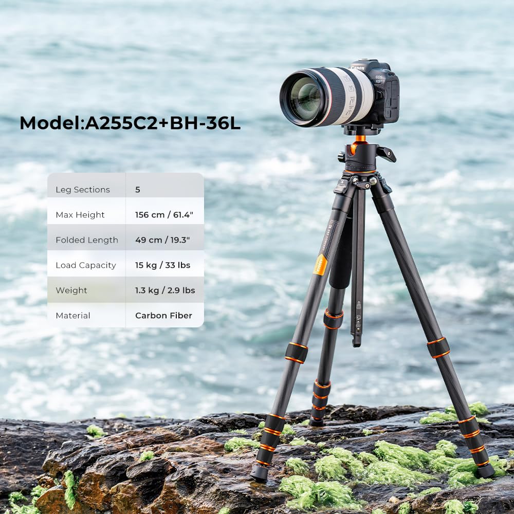 K&F CONCEPT 62" Carbon Fiber Camera Tripod,Portable Compact Tripods with Detachable Monopod,360° Metal Ball Head 15KG/33lbs Load Capacity with Quick Release Plate for Travel and Work A255C2+BH-36L