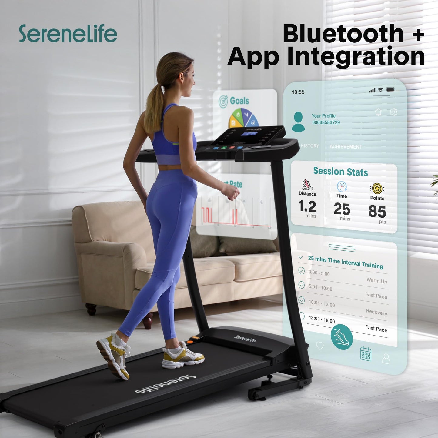 SereneLife Portable Foldable Treadmill with Incline Bluetooth Speakers and Heart Rate Sensors, 12 Preset Workout Programs, 2.0 HP Motor, Shock Absorbing Deck, 0.8-8 MPH Speed, 264 lb Capacity