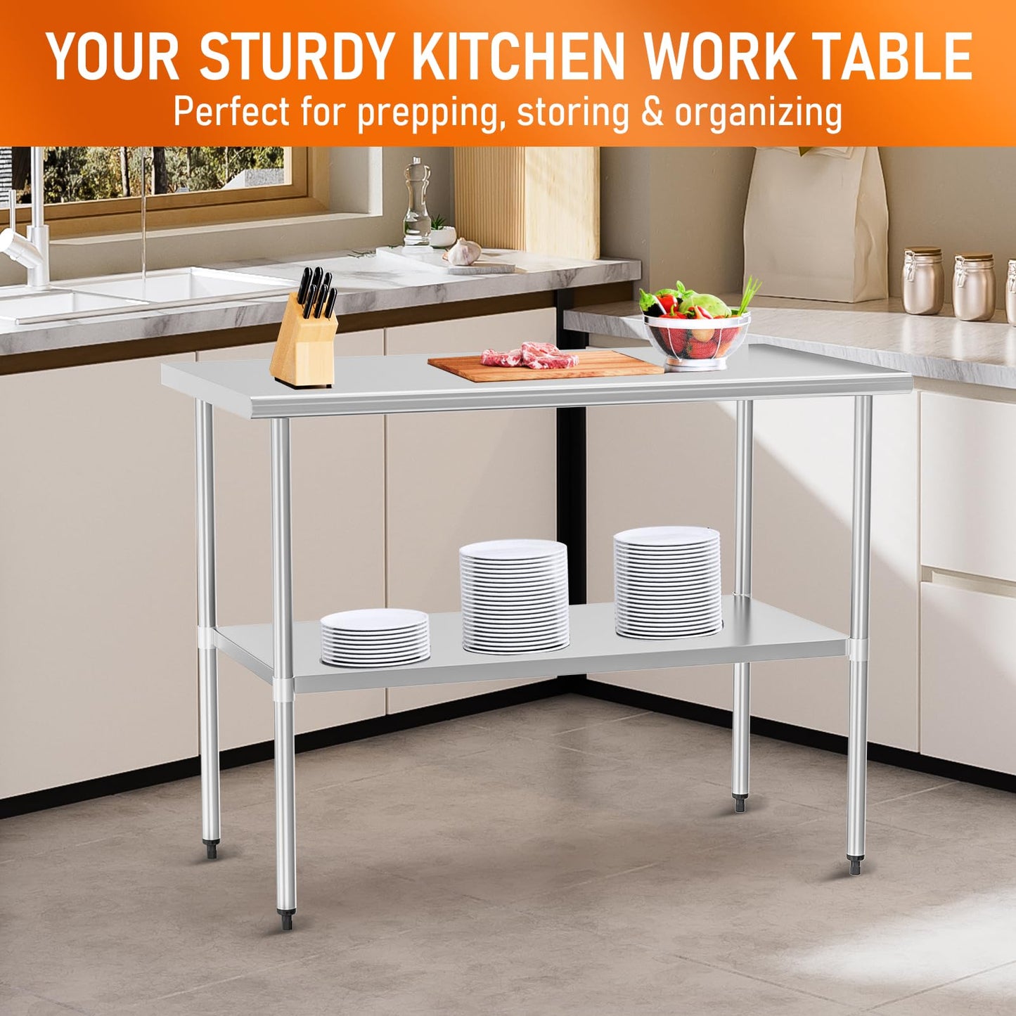 HOCCOT Stainless Steel Table for Food Prep & Work 30 x 48 inches Utility Table with Adjustable Undershelf, Commercial Workstation in Kitchen, Garage, Outdoor BBQ