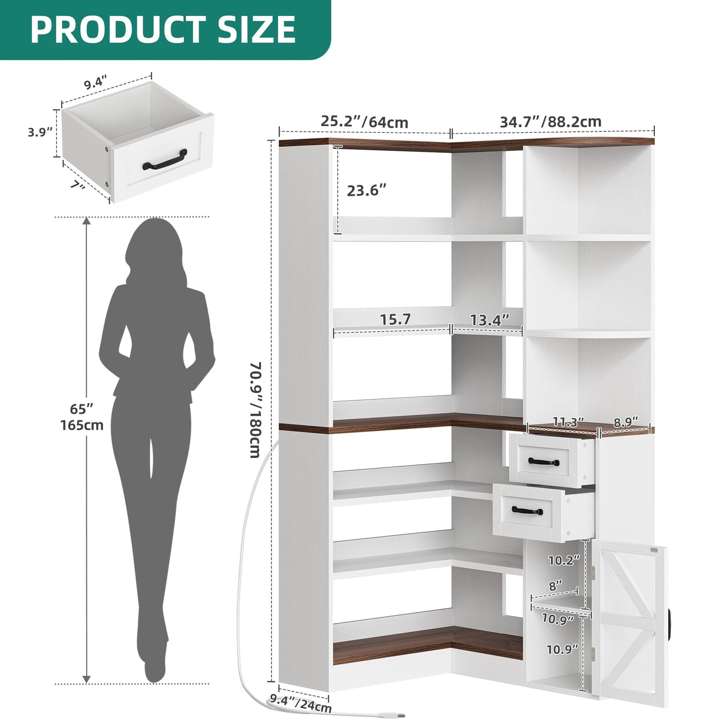 YITAHOME Corner Bookshelf with Storage, Farmhouse 6-Tier Bookshelf with Drawers and Cabinets, L-Shaped Bookcase LED Lights Corner Display Shelf for Home Office, Living Room, Bedroom