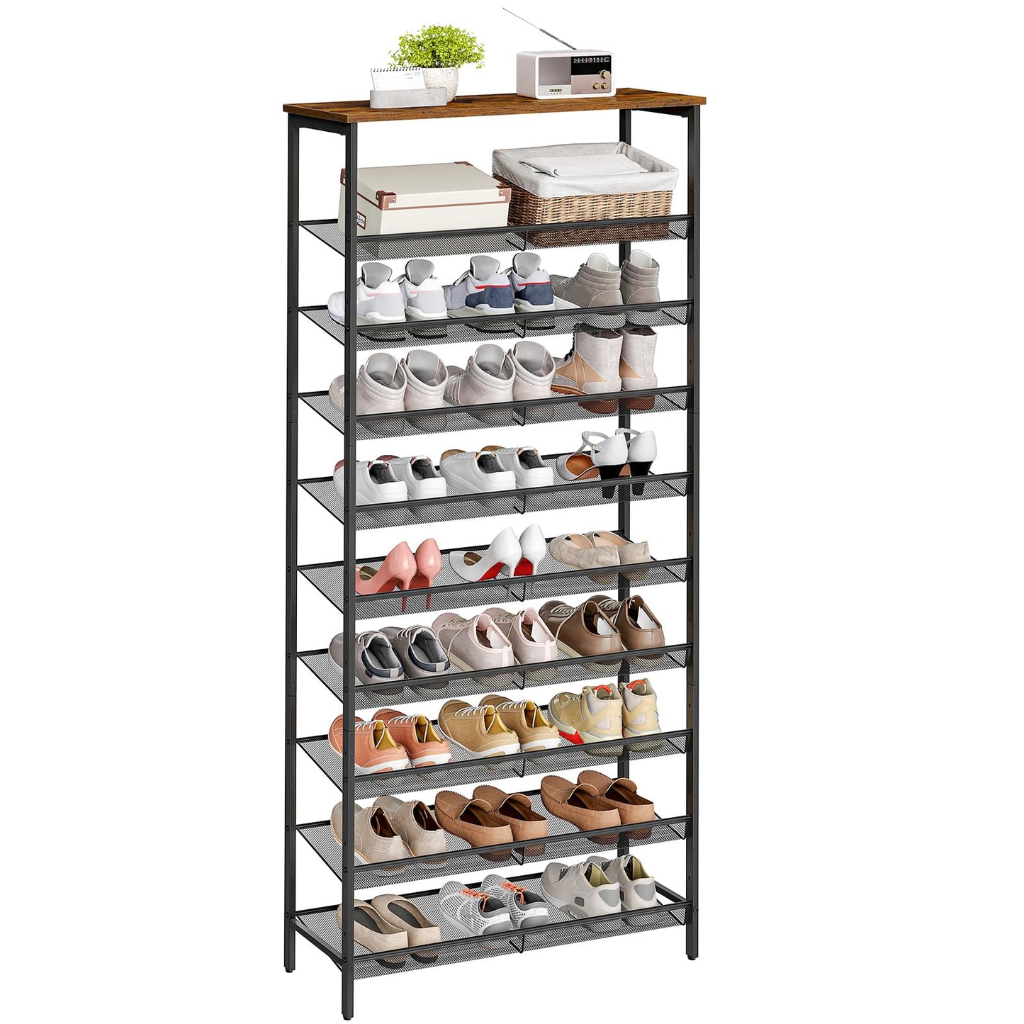 HOOBRO 10-Tier Shoe Rack, 29.5"L Shoe Shelf, Large Capacity Shoe Storage Organizer for 27+ Pairs of Shoes, Front Door Entrance, Entryway, Hallway, Closet, Space Saver, Rustic Brown and Black BF110XJ01