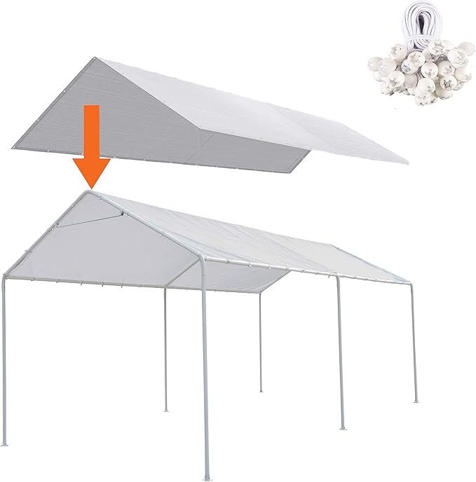 Thanaddo 10 x 20 Ft Carport Replacement Canopy Cover Garage Top Tent Shelter Tarp with Free 44 Ball Bungee Cords,White(Onl...