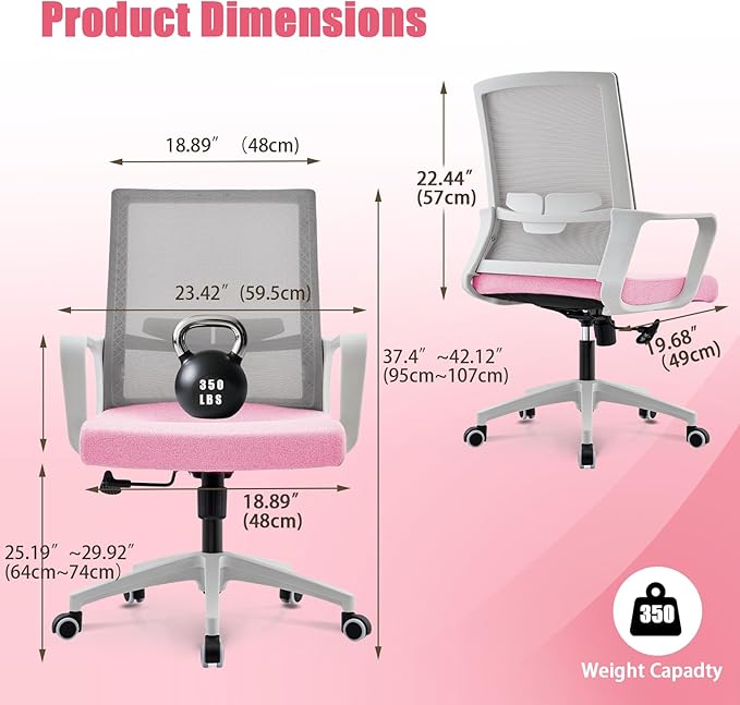 Msdizuo Office Chair ergonomically Designed with Breathable mesh backrest and Lumbar Support Adjustable Height Suitable for Offices Homes bedrooms Study Rooms (Pink)