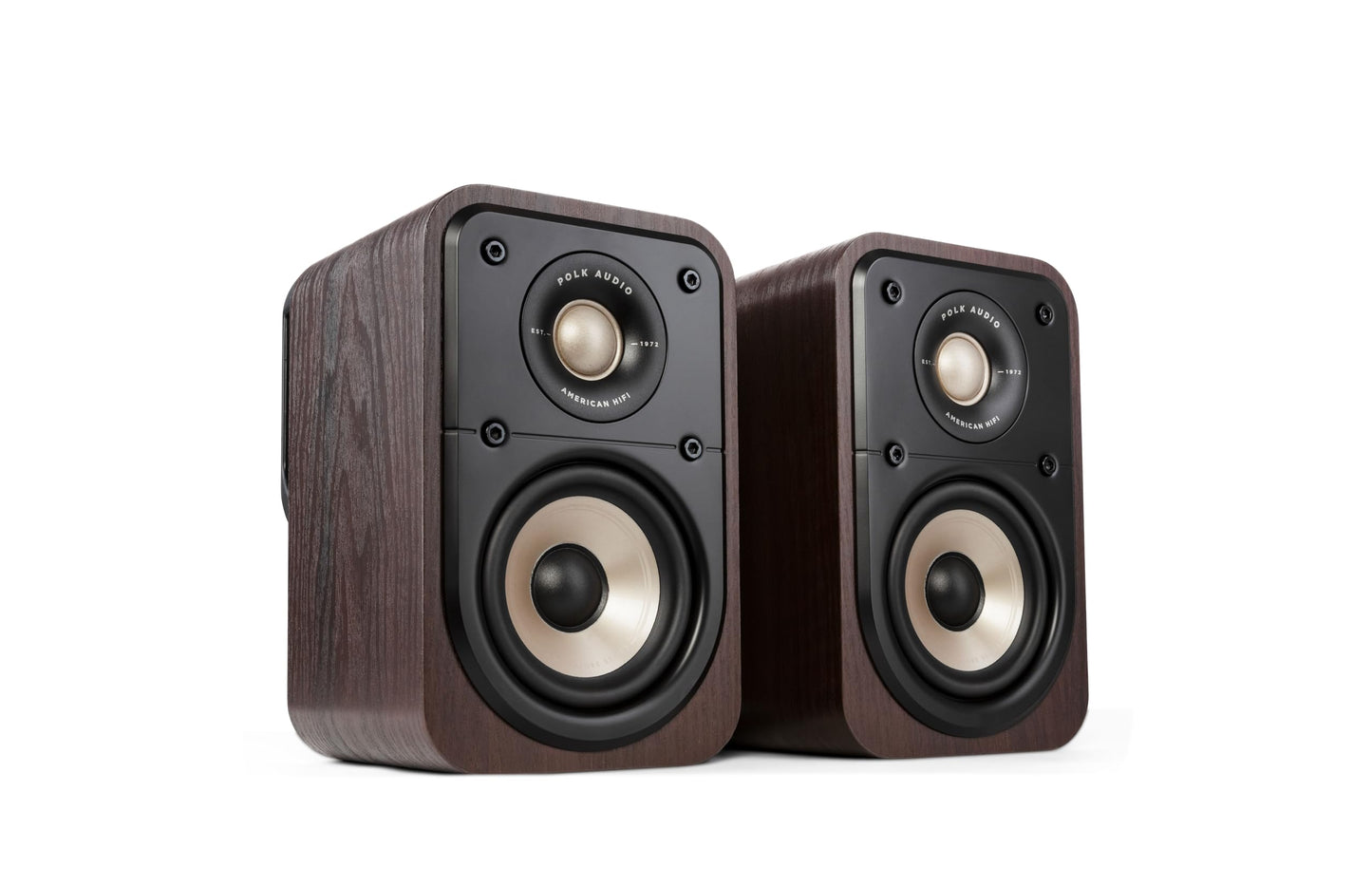 Polk Signature Elite ES10 Surround Sound Speakers - Hi-Res Audio Certified, Dolby Atmos & DTS:X Compatible, 1" Tweeter & 4" Woofer, Power Port Technology for Bass (Pair, Contemporary Walnut)