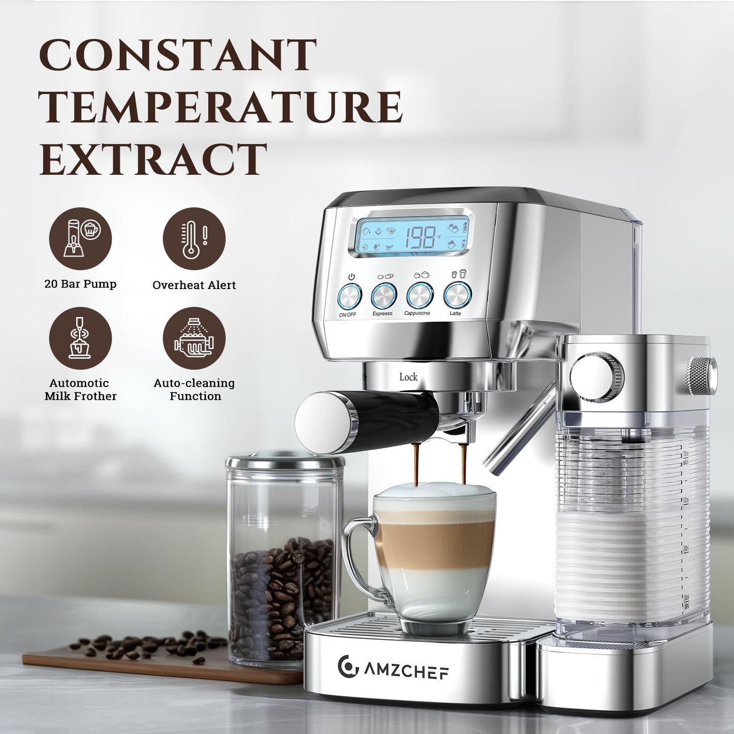 AMZCHEF Espresso Machine with Upgraded Automatic Milk Frother, 20 Bar Cappuccino & Latte Maker with LCD Display, Dual Wall Filters, Metallic Silver – Ideal Home Gift