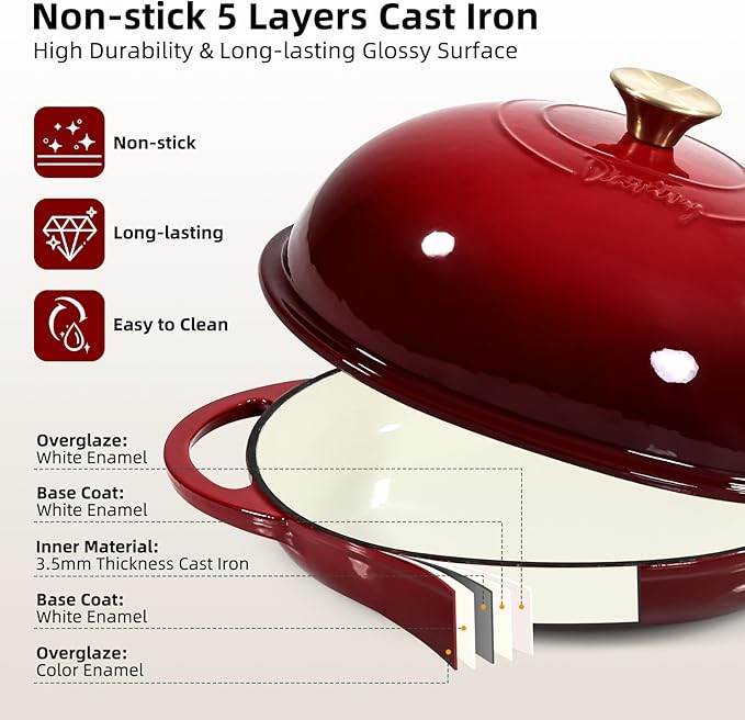 Davivy 6QT Oval Cast Iron Sourdough Dutch Oven with Silicone Oven Mitts, Bread Dutch Oven for Sourdough Bread Baking 6QT, Cast Iron Bread Cloche Loaf Pan with Domed Lid - Ruby Red