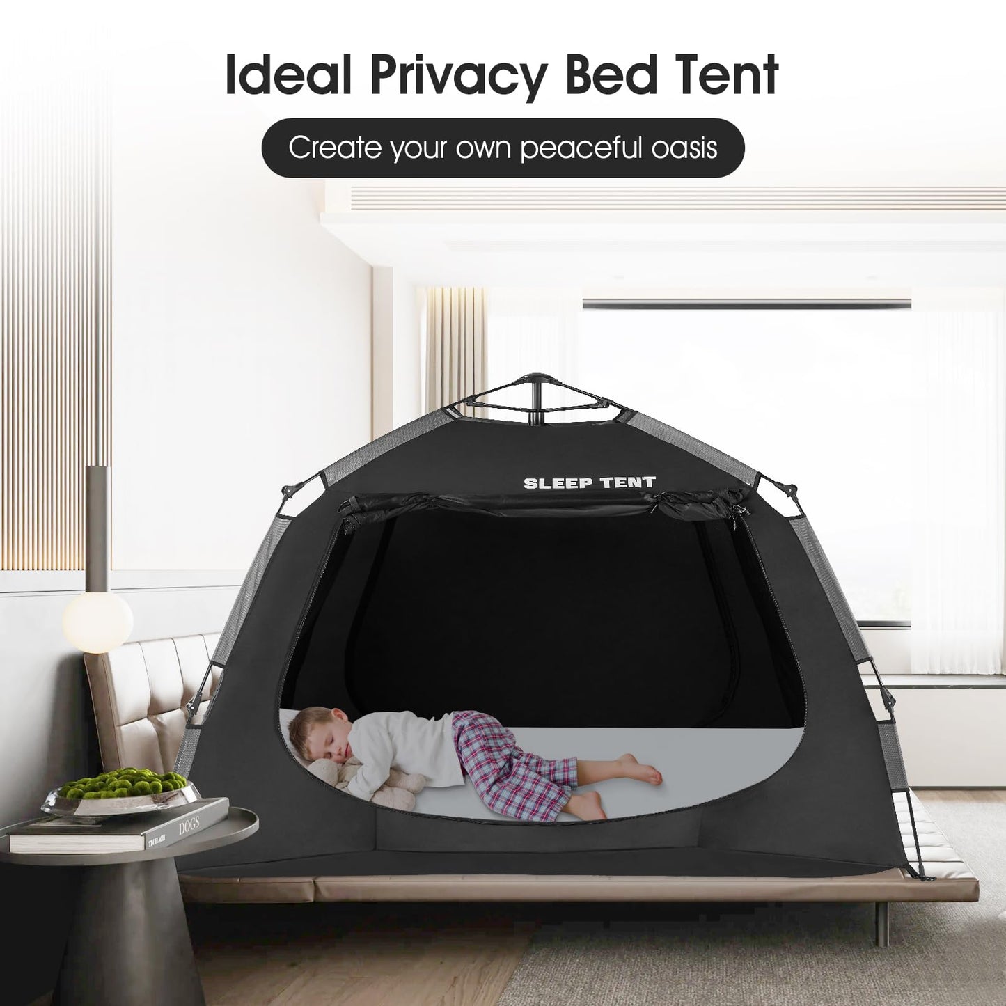 YAVIL Portable Bed Tent Bed Canopy Full Size,ONE-Click Sleeping Tent Breathable Indoor Tent Privacy Large Space with 3 Doors for Kids and Adult