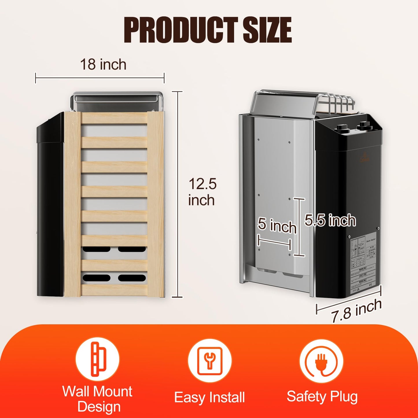 2KW 110V Sauna Heater with Plug, No Need for Wiring, Plug and Play, 100 Cu.Ft. Heated Area, Electric Sauna Heater with 3h Timera and Internal Temperature Control, Suitable for Small Sauna Rooms