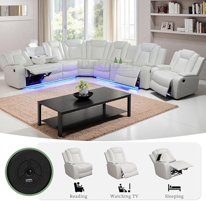Dekmxas Creamy White Breathing Leather Power Reclining Sectional Sofa Set, Leather Recliner Sofa with LED Light, Living Room Furniture Sets with Storage Console/Cup Holder/USB Port for RV/Home Theater
