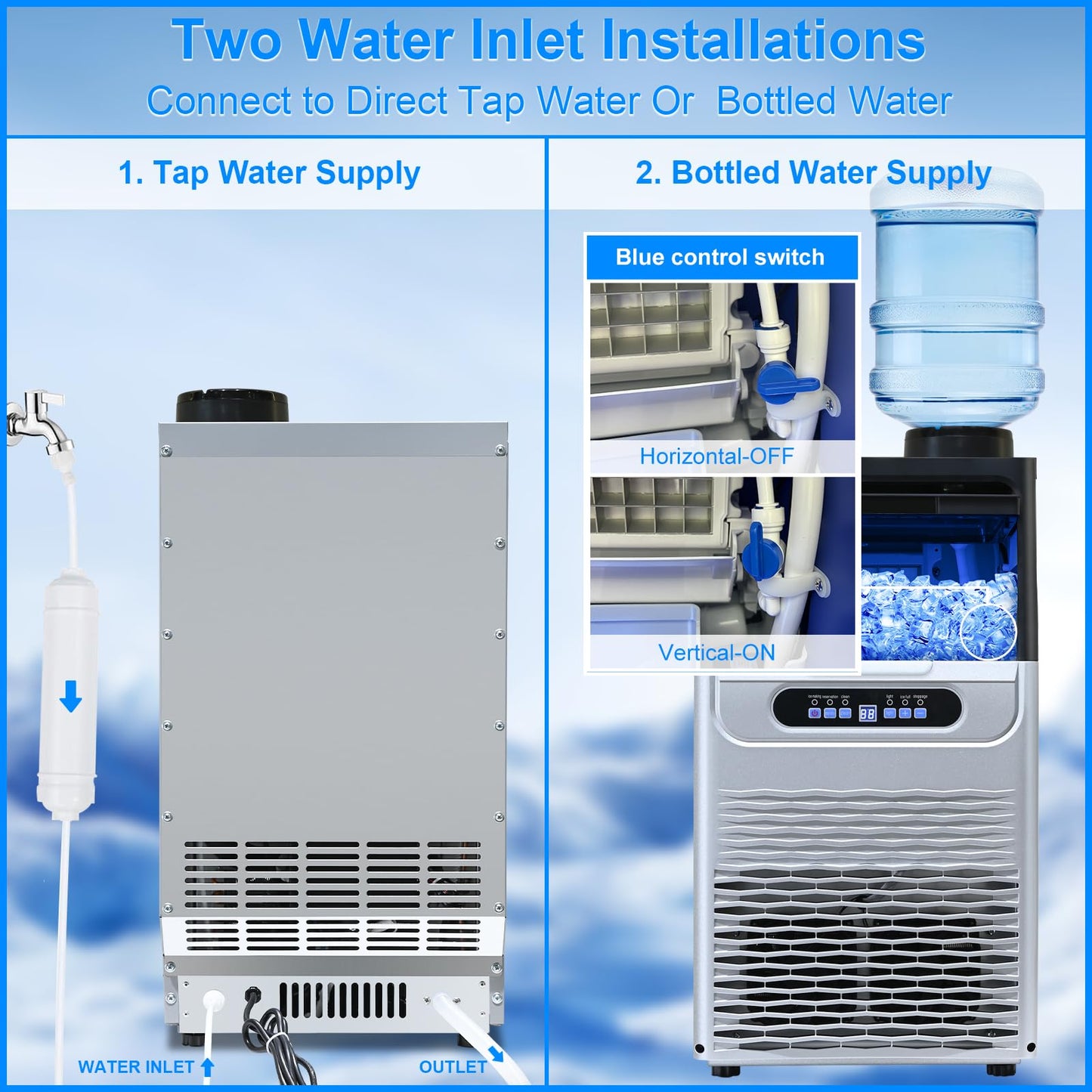 Amzgachfktch Ice Maker 100lbs/24H, Commercial Ice Maker Machine with 2 Water Inlet Modes, Ice Machine with 22lbs Storage, Auto Self-Cleaning, Under Counter Ice Maker for Home/Office/Shop/Bar
