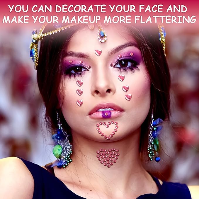 3 Sheets Rhinestone Sticker Self Adhesive Face Gems Jewels for Face Eyes Makeup Hair Body Stick on Rhinestones Stickers for Valentine Festival Decal Decor(Pink)