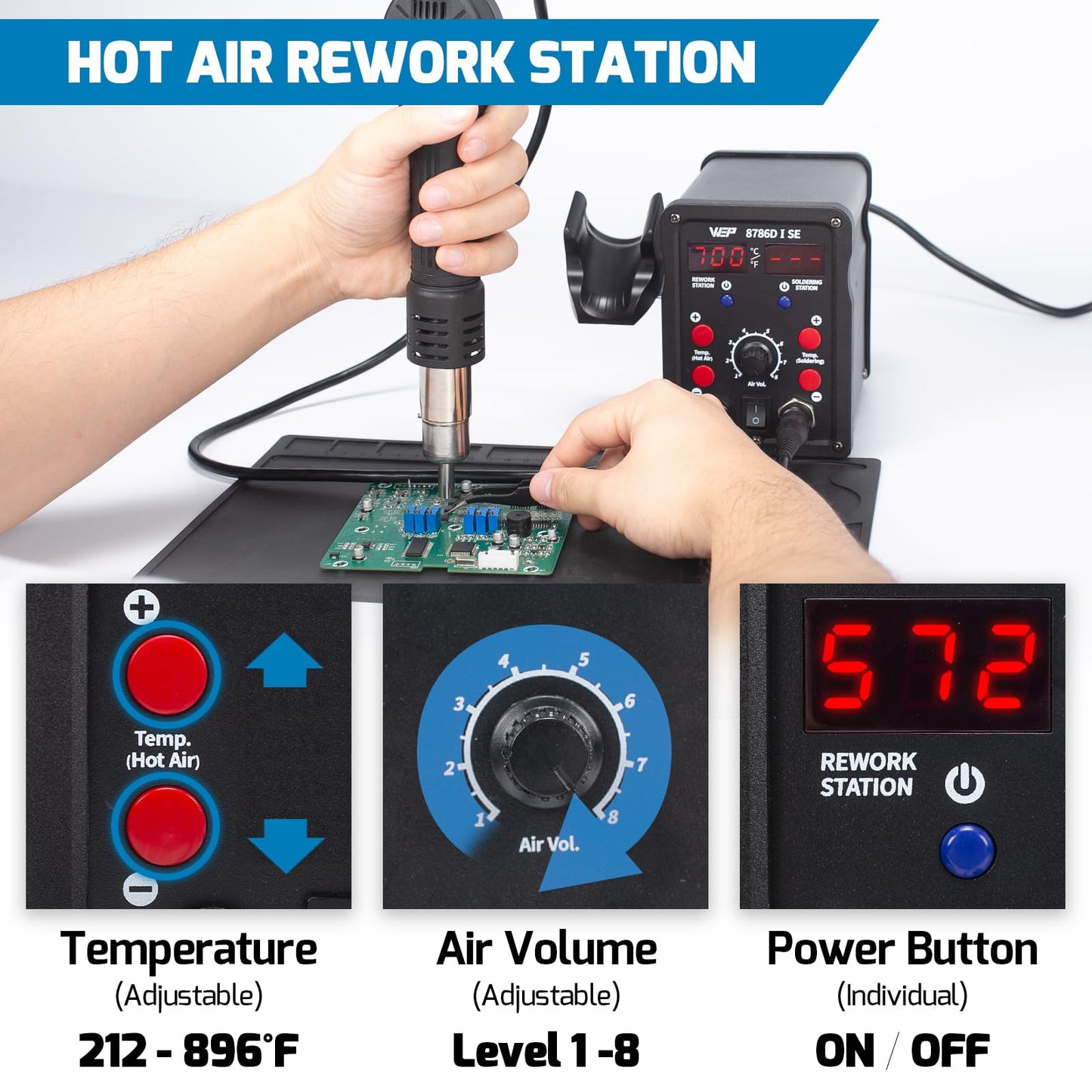 WEP 8786D-I SE Hot Air Soldering Iron Station Kit 2-IN-1 for Rework, Desoldering with Lead-Free Solder Wire, 5 Soldering Tips, 3 Hot Air Nozzles,Tweezers, Desoldering Pump