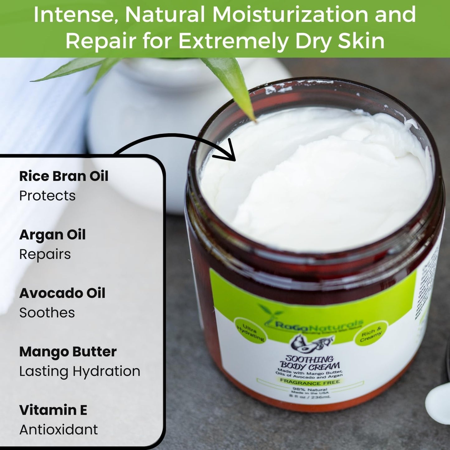 RaGaNaturals Natural Moisturizing Cream - Body & Face Moisturizer for Dry to Very Dry, Sensitive Skin - Unscented Body Cream wit