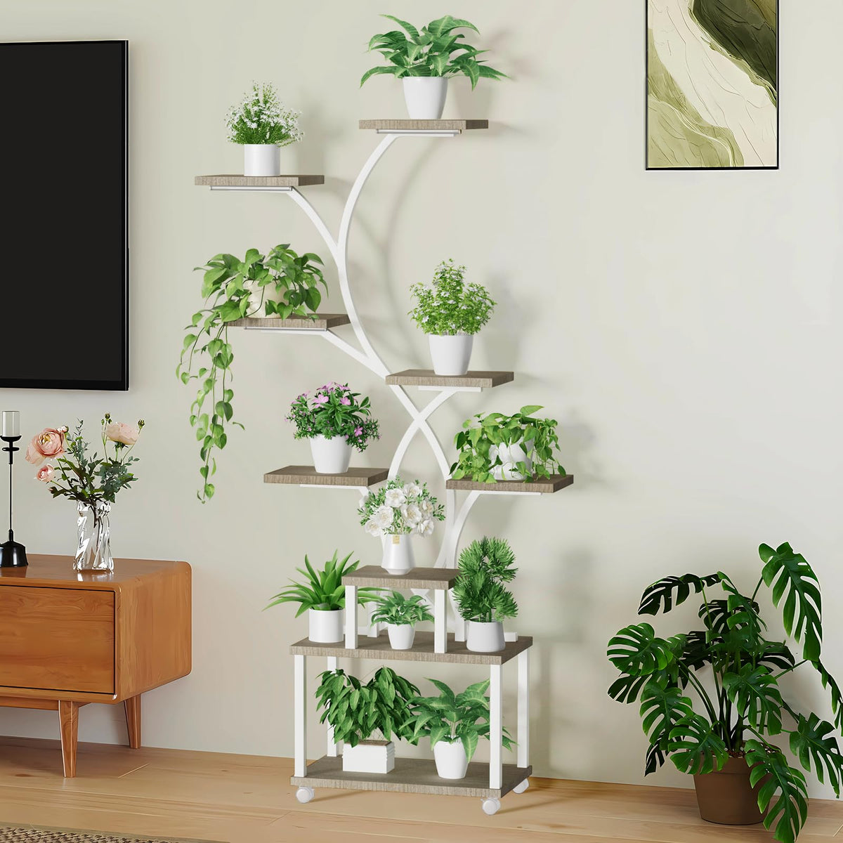 Artswish Plant Stand Indoor with Grow Lights, 8 Tiered Plant Shelves 63" Tall Plant Stands for Multiple Plants, Lighted Plants Stands Indoor Plants Rack for Living Room, Patio, Balcony (White)
