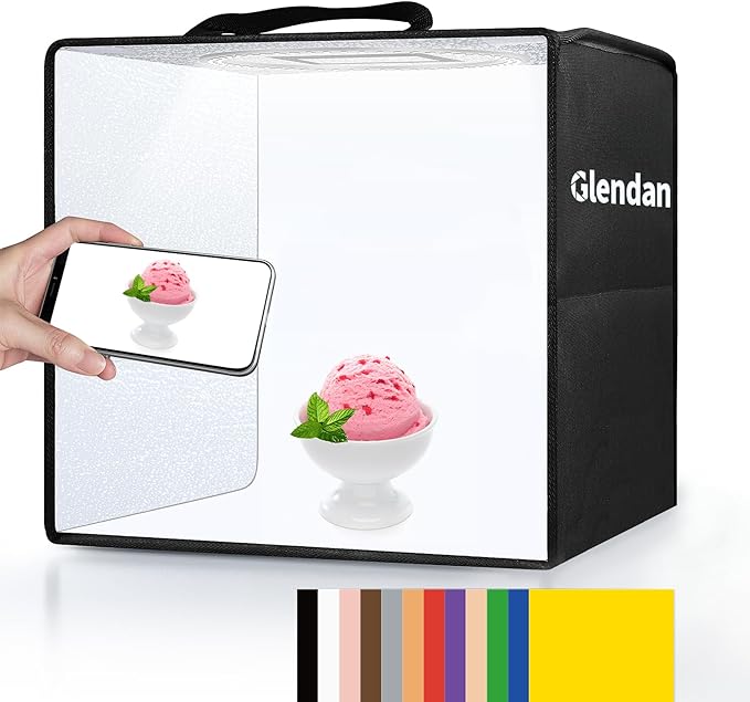 Glendan Portable Light Box Photography: 16"x12" Folding Photo Box with CRI >95 Dimmable 112 LEDs Lights - 12 Color Backdro...