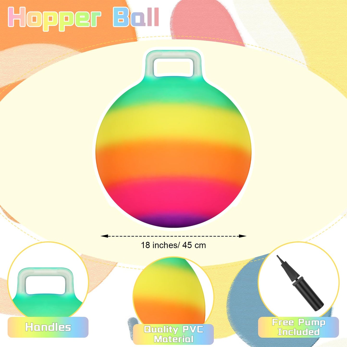 Poen 2 Pcs Bouncing Ball with Handle, Hopper Jumping Hopping Ball with Air Pump for Games(18 Inch,Rainbow)