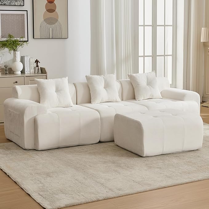 YAAREE 101.65” Modular Sectional Couch for Living Room, Modren L-Shape Cloud Sectional 3-Seater Sofa with Movable Ottoman, Woven Texture Upholstery Boneless Couch, No Assembly Grey, Beige