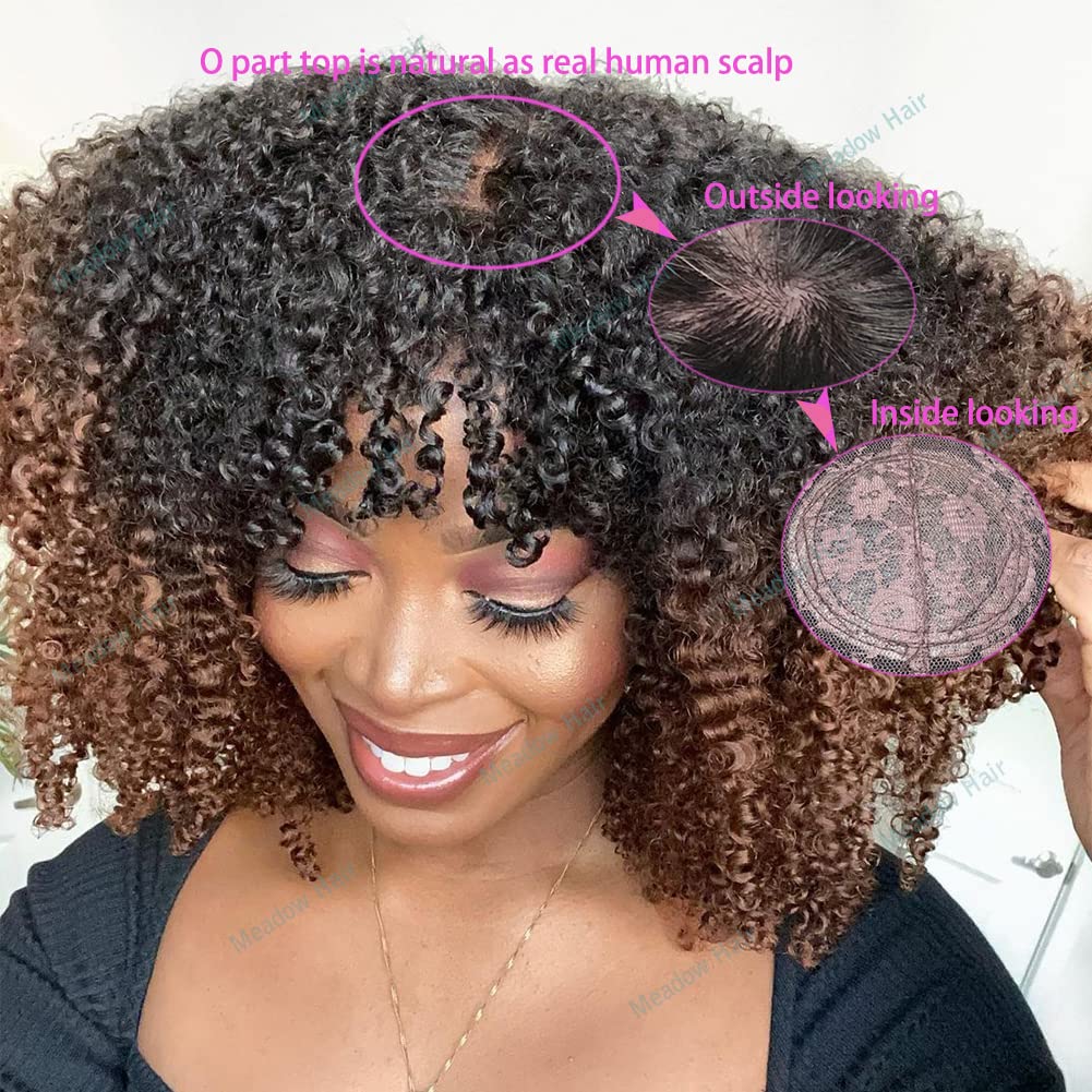 200% Density Ombre Human Hair Wigs Afro Kinky Curly Two Tone Wig With Bangs Brazilian Virgin Human Hair Machine Scalp Top Ombre