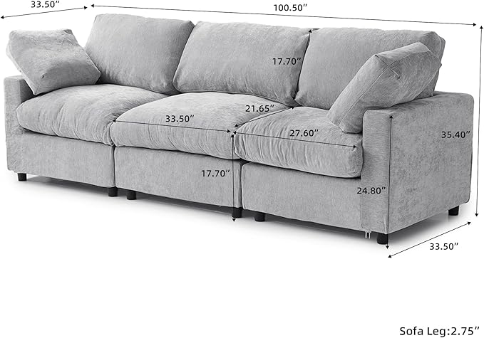WJShome Cloud Sectional Couches for Living Room,100.5" Convertible Love Seat, 3 Seater Modular Sectional Sofa,Deep Seater Furniture Sets,Gray
