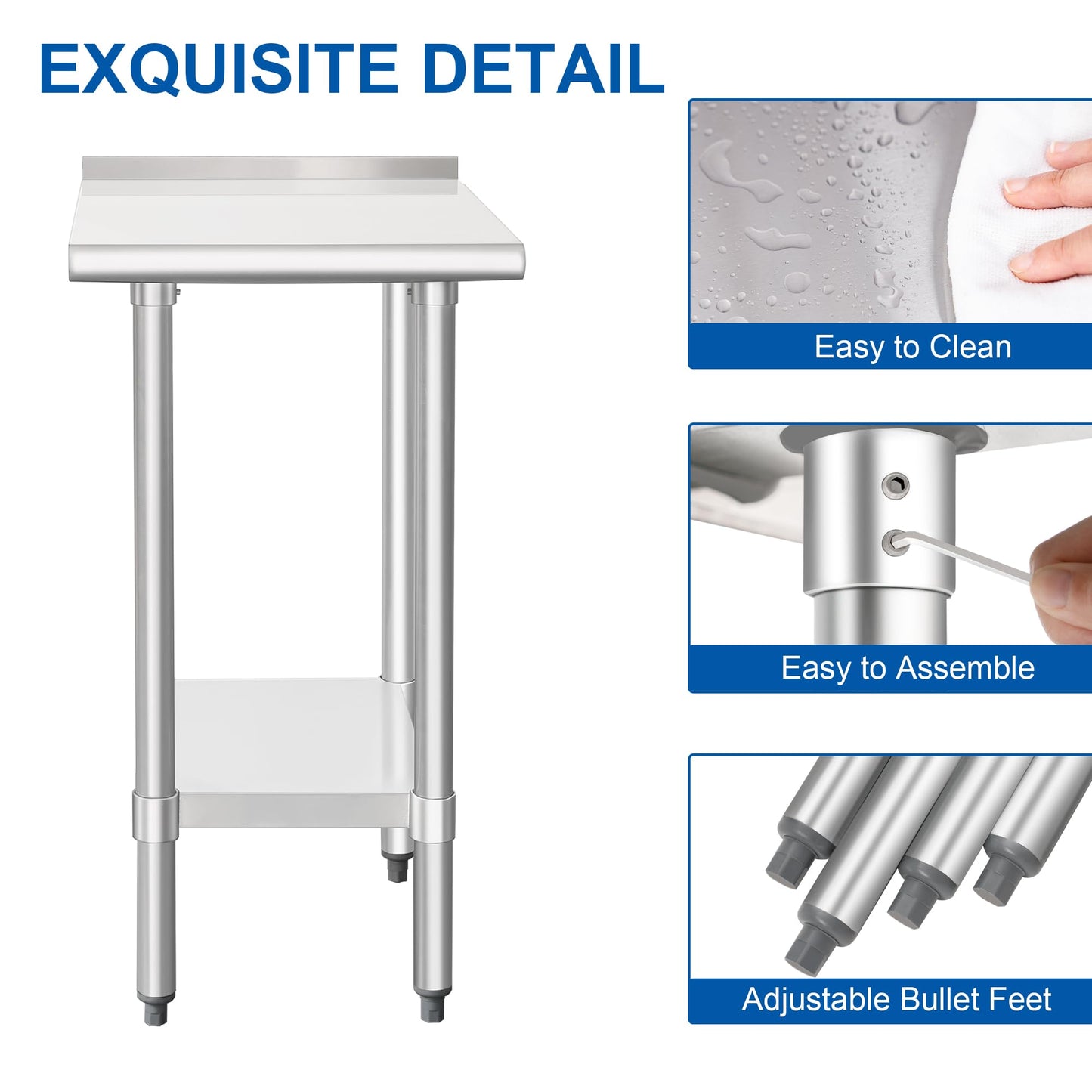 HARDURA Stainless Steel Commercial Work Table Prep Work Metal Table 24×18 Inches with Undershelf and 2" Backsplash Heavy Duty NSF 430 for Kitchen Food Prep