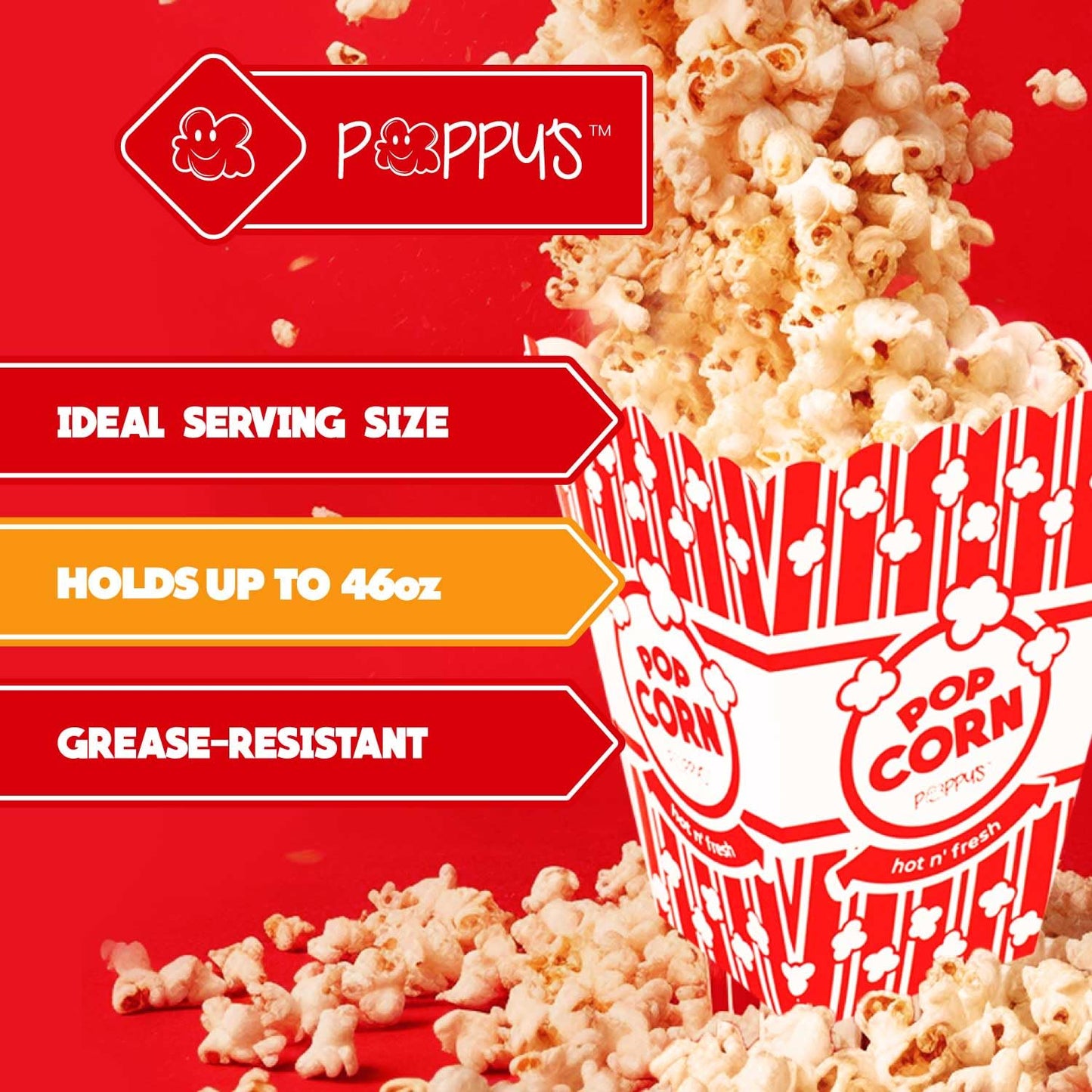 Poppy's Large Popcorn Boxes – 10 Pack 46 Oz Concession-Grade Popcorn Buckets, Popcorn Machine Accessories for Popcorn Bars, Movie Nights, Concessions
