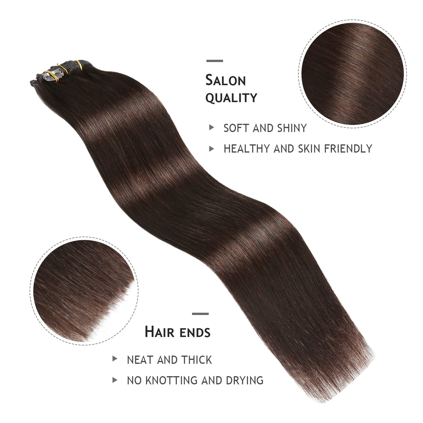YILITE Hair Extensions Clip in Remy Human Hair 100% Real Human Hair Darkest Brown 8Pcs/Pack 110g Natural Silky Double Weft Strai