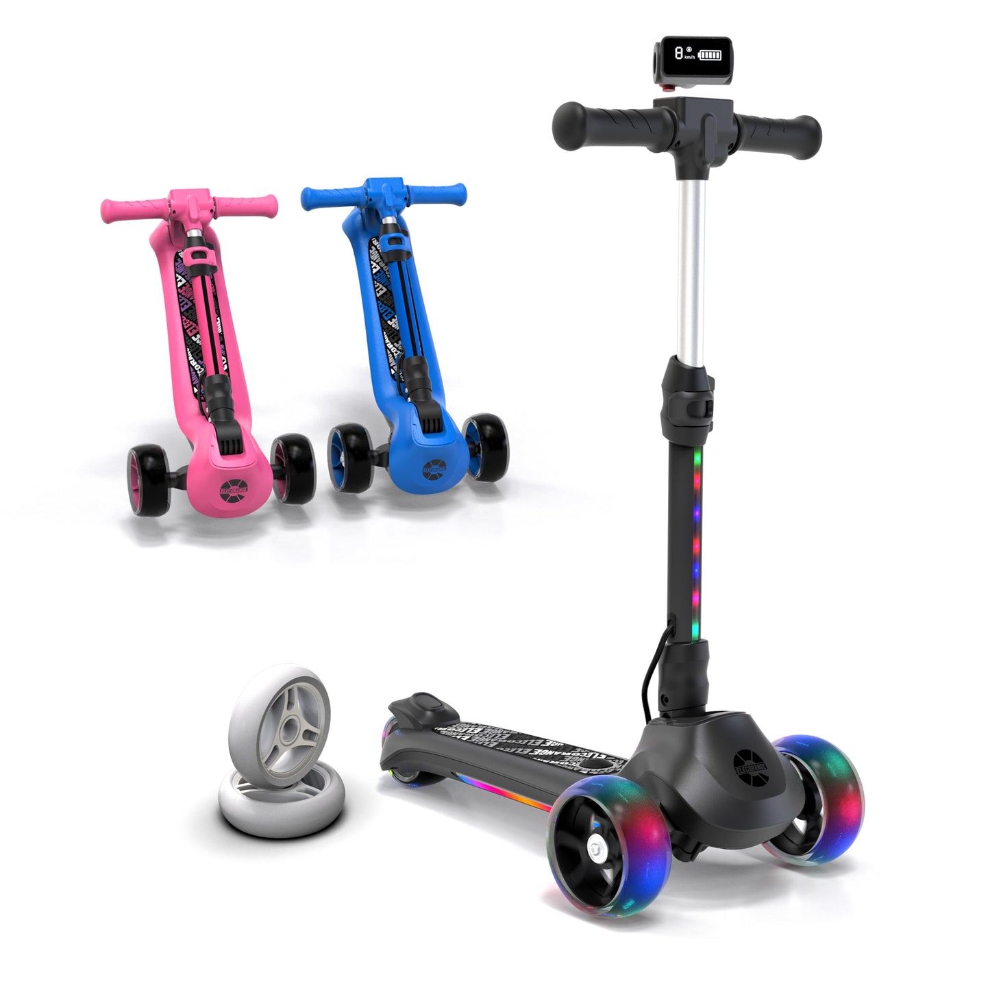 Elecorange T500 Electric Scooter for Kids Ages 4-9, Big Light Up Wheels, Adjustable Heights, Ride On for Children 4-8, 3 Wheel Electric Scooters for Kids, 5-7, Motorized Scooter for Boy, Girl, Black