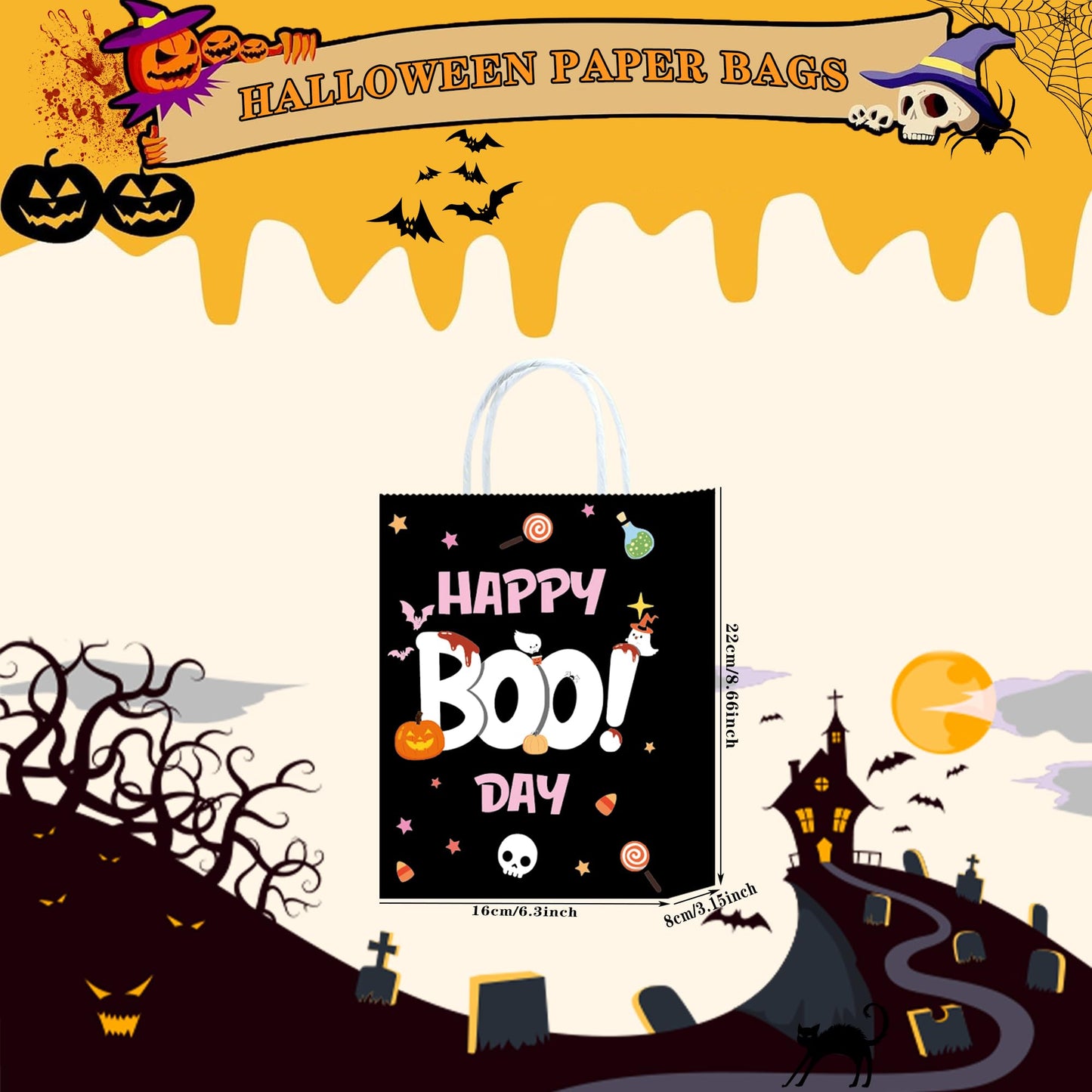 W WINTMING 16Pcs Halloween Party Favors Bags with Handle Trick or Treat Gift Bags Wrapping Halloween Goodie Candy Bag Docor Supplies