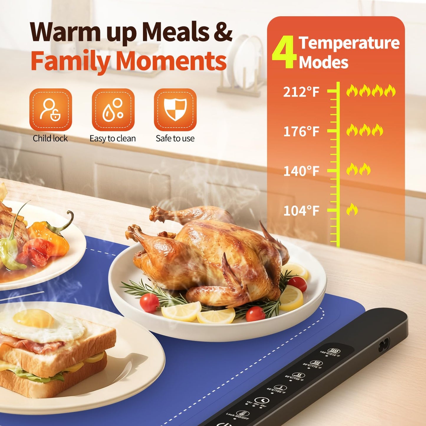 Warming Mat for Food, Silicone Electric Warming Tray with 4 Adjustable Temps & Timer, Food Warming Mat for Countertop, Foldable Portable Food Warmer Mat for Buffets, Parties, Kitchen, Family