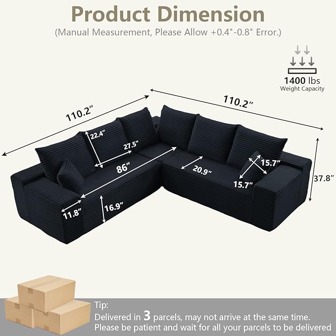 Sectional Cloud Couch for Living Room, Modular Floor Deep-Seat Sofa, Big Comfy Corduroy Couches Set with Fluffy Memory Foam, Stupendous L Shaped Sofas with Chaise, No Assembly Required, Black