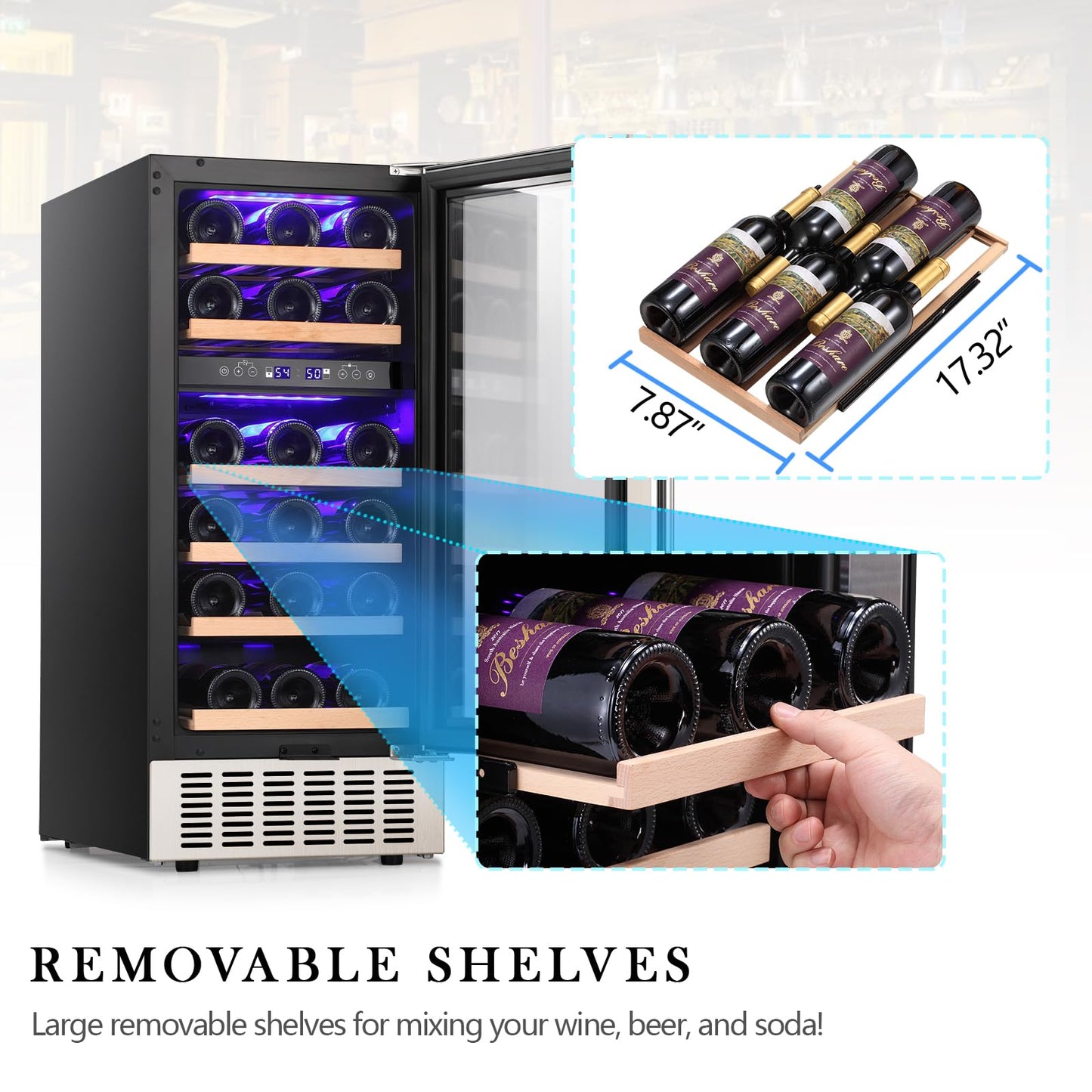 COWSAR 28 Bottle Wine Fridge, Commercial Dual Zone Beverage Refrigerator, Independent Temp, LED, Under Counter Drink Wine Cooler Chiller with Stainless Steel Frame, Double-Layer Tempered Glass Door