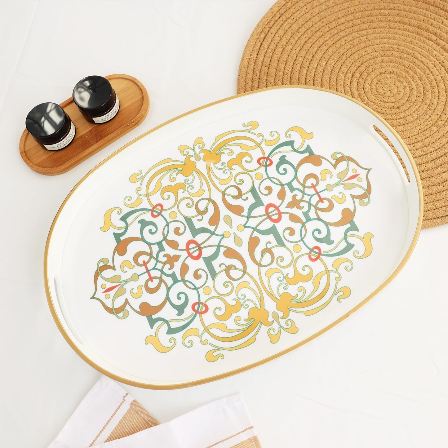 Oval Plastic Serving Tray with Handles, Elegant Decorative Tray for Coffee Table, Ottoman, Living Room, Kitchen, Outdoor Use. 10"*16"*1.4" A