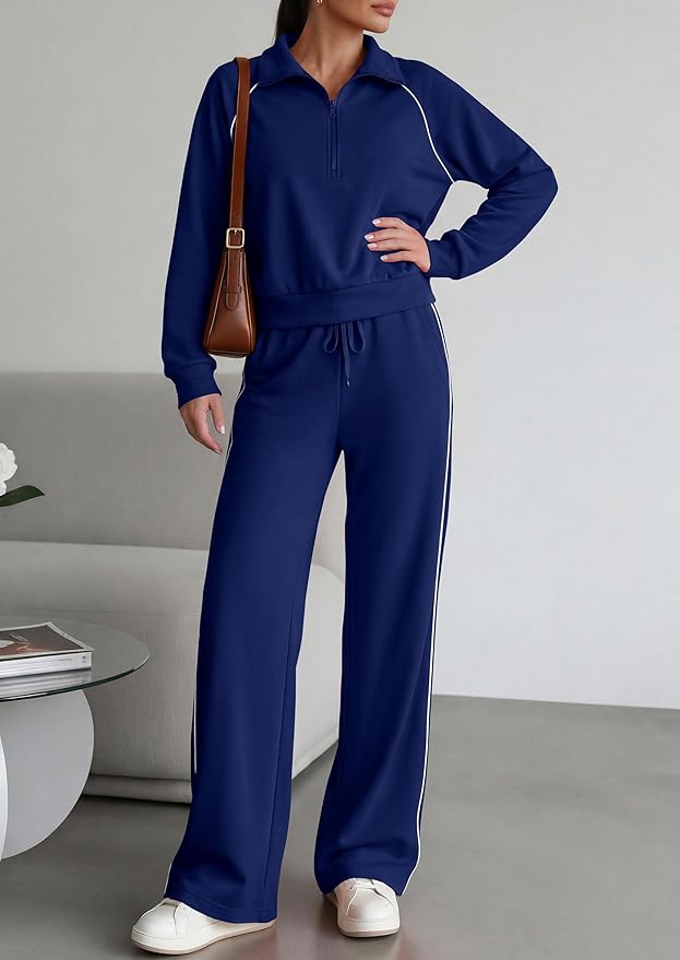 PRETTYGARDEN Women's 2 Piece Outfits Casual Lapel Half Zip Sweatshirts and Wide Leg Pants Tracksuit Sets