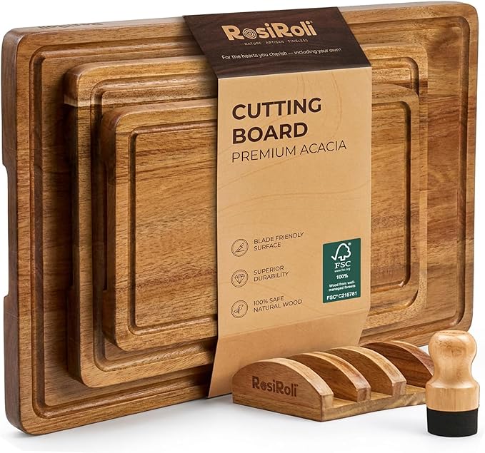 RosiRoli Acacia Wood Cutting Board for Kitchen, Set of 3 - Durable 1" Thick Chopping Boards with Juice Grooves & Handles f...