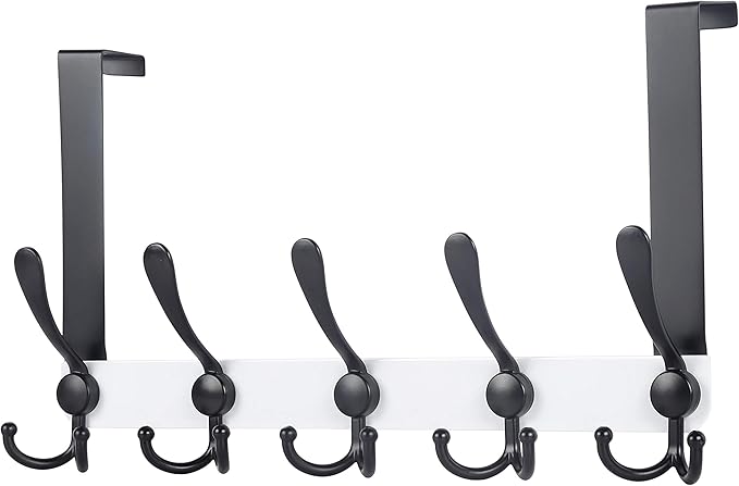 Dseap Over The Door Hook Hanger - 5 Tri Hooks, Heavy Duty Over The Door Towel Rack Coat Rack for Clothes Hat Towel, White & Black