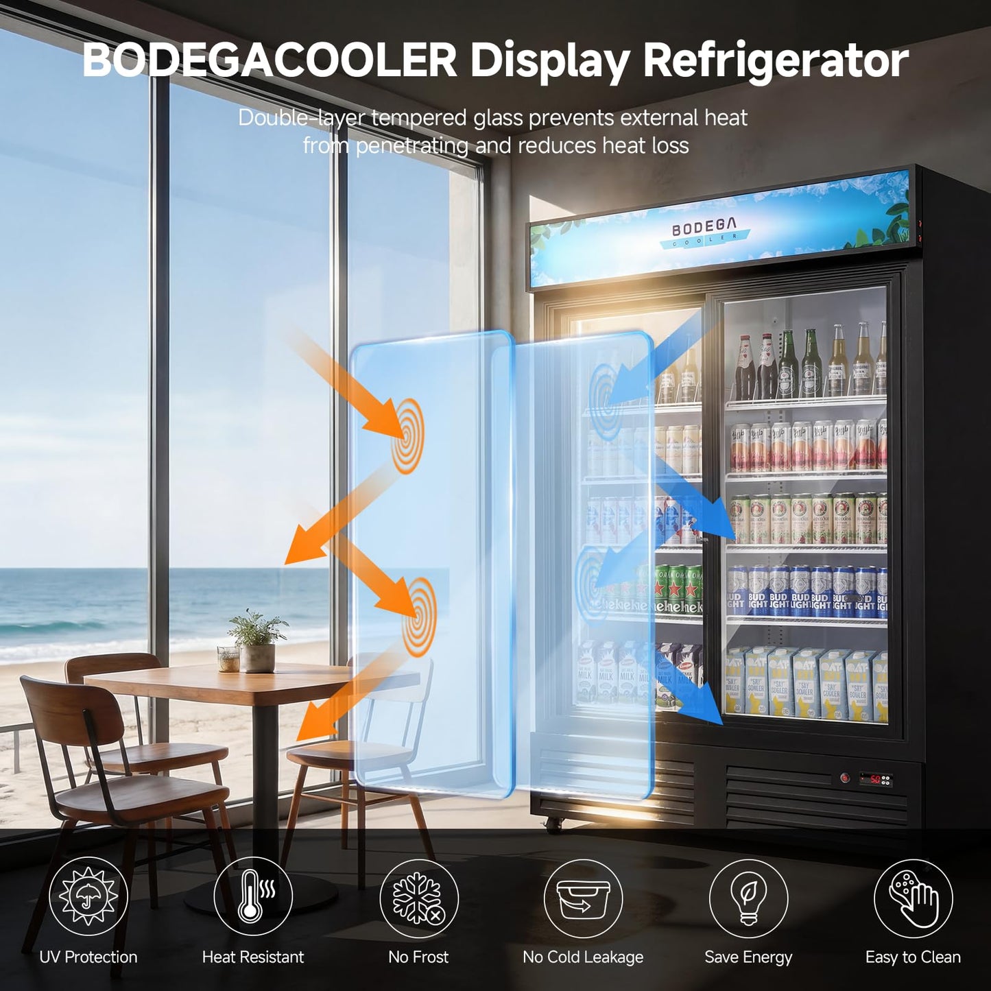 BODEGACOOLER Commercial Merchandiser Refrigerator, Upgrade Automatic Rebound Sliding Door Display Cooler, 2 Glass Door Display Drink Cooler with LED Light, Adjustable Shelves,Castors for Store,Office