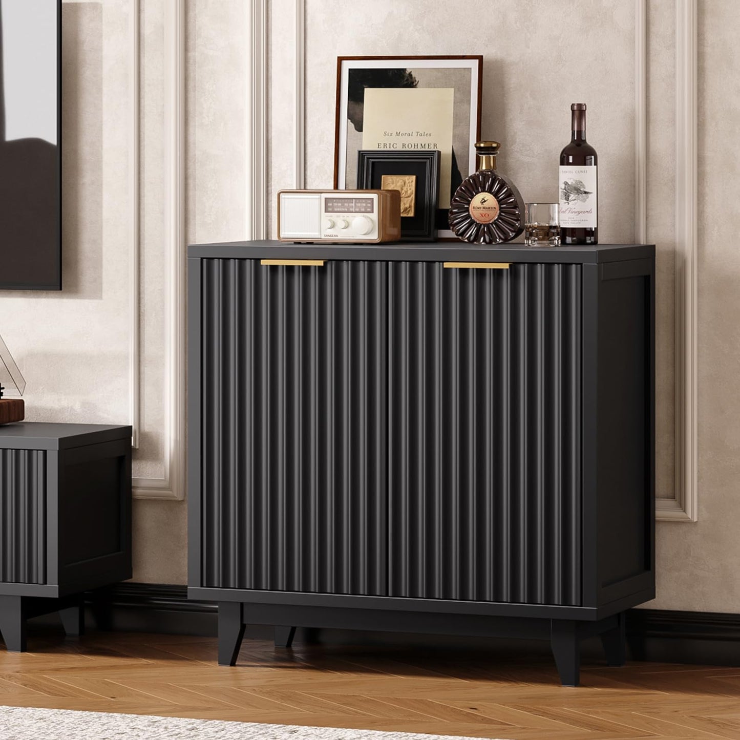 Modern Fluted Coffee Bar Cabinet with Removable Wine Rack and Adjustable Shelf, Solid Wood Legs, Multi-Functional Sideboard Buffet for Kitchen, Dining Room, Living Room, Entryway, Black